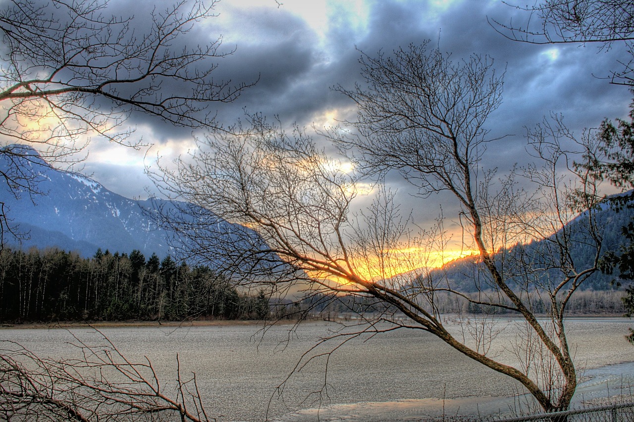 Saulėlydis, Kraštovaizdis, Dangus, Ežeras, Kalnas, Britų Kolumbija, Kanada, Twilight, Dusk, Vakaras