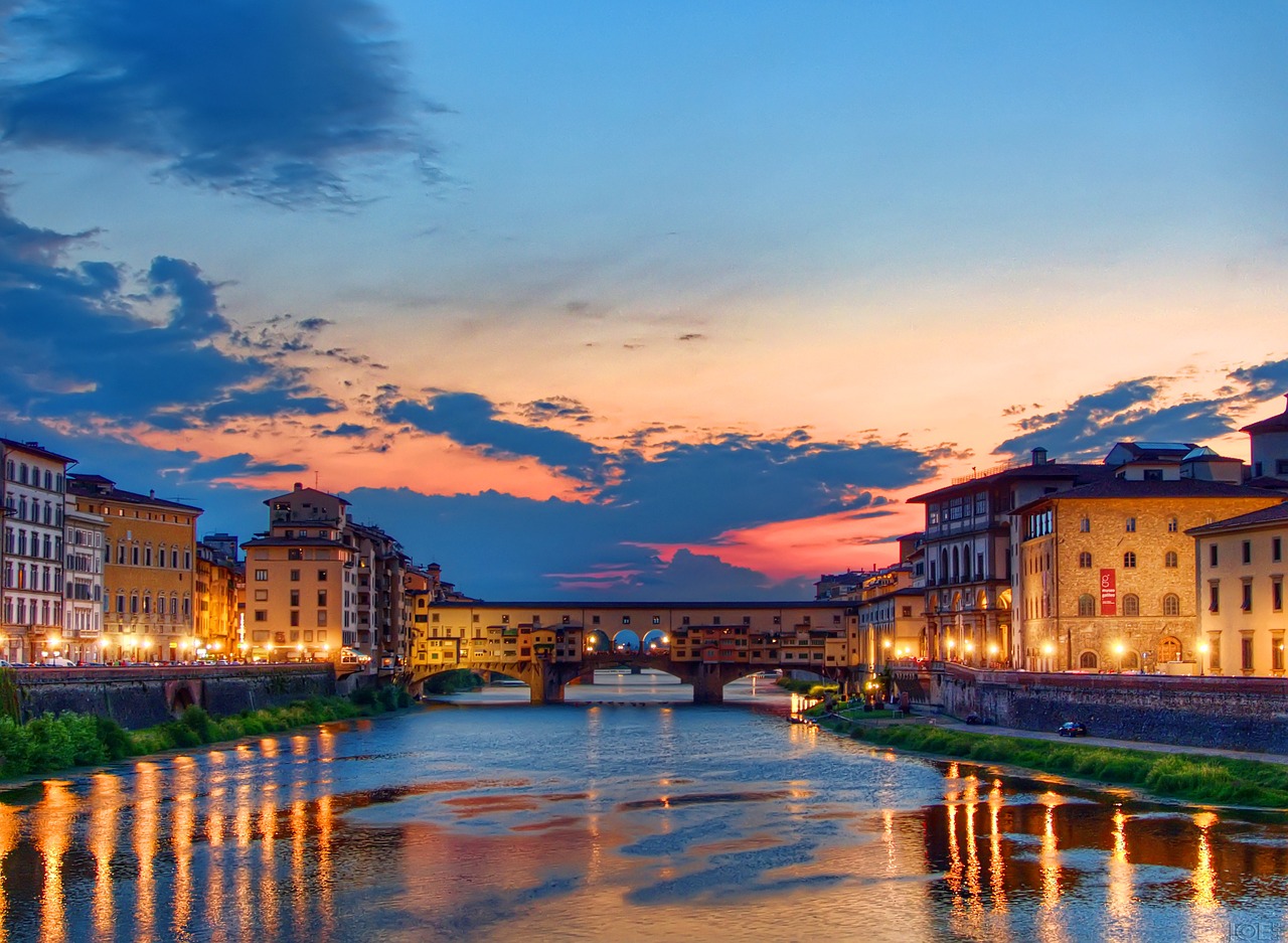 Saulėlydis, Florencija, Italy, Ponte Vecchio, Saulėlydis Florencijoje, Tiltas, Vecchio, Upė, Senas, Europa