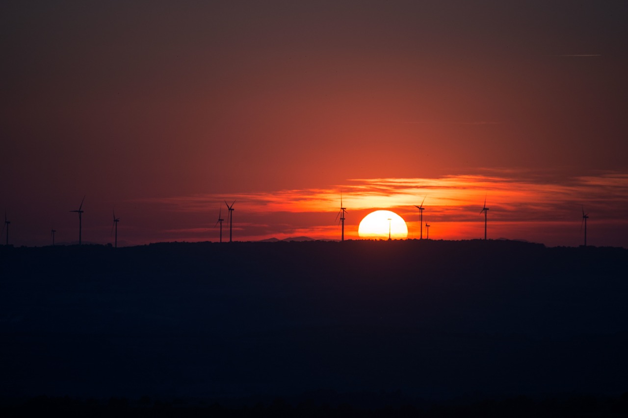 Saulėlydis, Windpark, Švytėjimas, Elektra, Aplinka, Turbina, Energija, Galia, Vėjo Malūnas, Atsinaujinanti