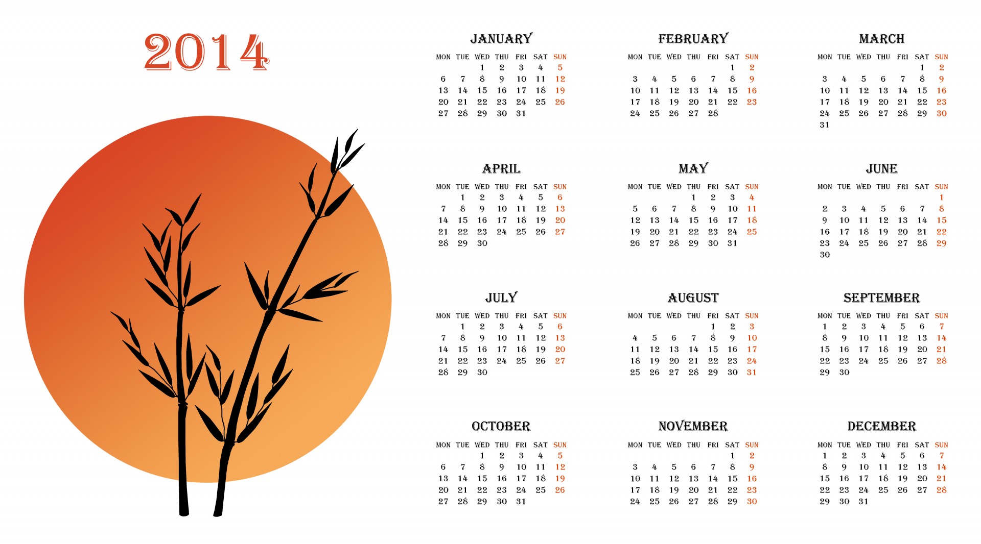 Kalendorius,  2014,  Raudona,  Oranžinė,  Saulė,  Saulėlydis,  Bambukas,  Metai,  Mėnuo,  Savaitę