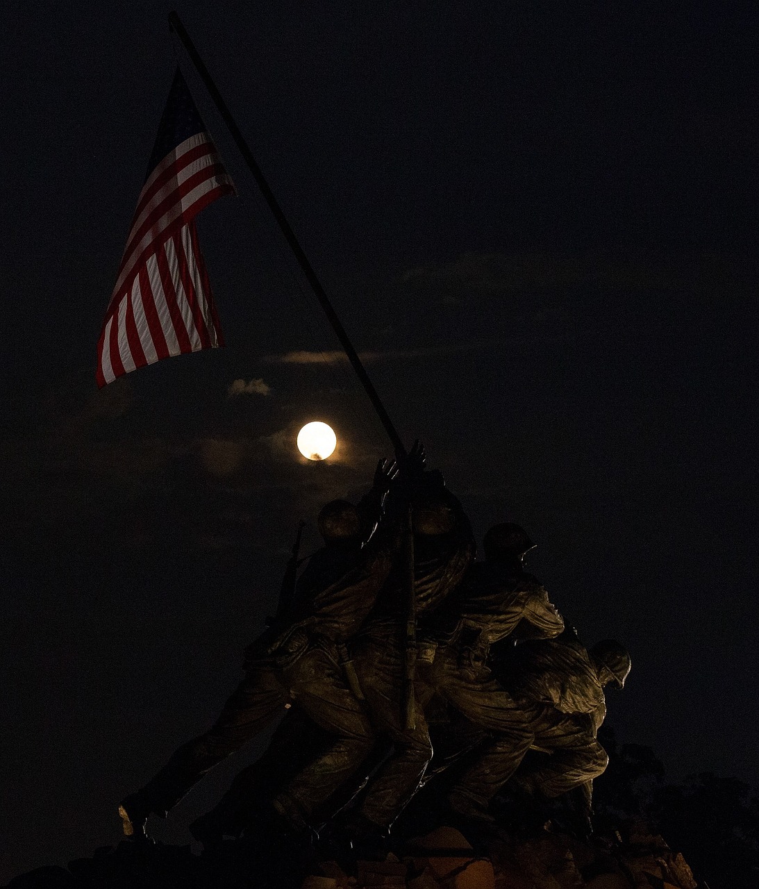 Supermoon, Karo Memorialas, Jūrų Korpusas, Naktis, Dangus, Vėliava, Kareiviai, Perigee, Mėnulis, Šviesa