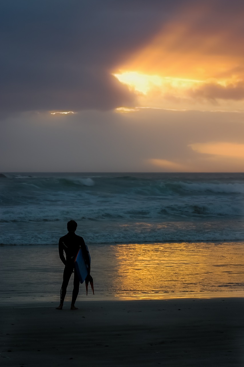 Surfer, Saulėlydis, Vienas, Dangus, Papludimys, Jūra, Vasara, Kranto, Jaunas, Patinas