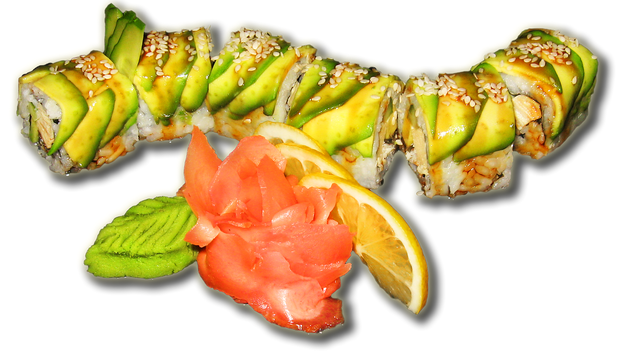 Sushi, Ritinėliai, Sezamas, Imbieras, Wasabi, Japonija, Virtuvė, Maistas, Produktai, Žalia Drakonas