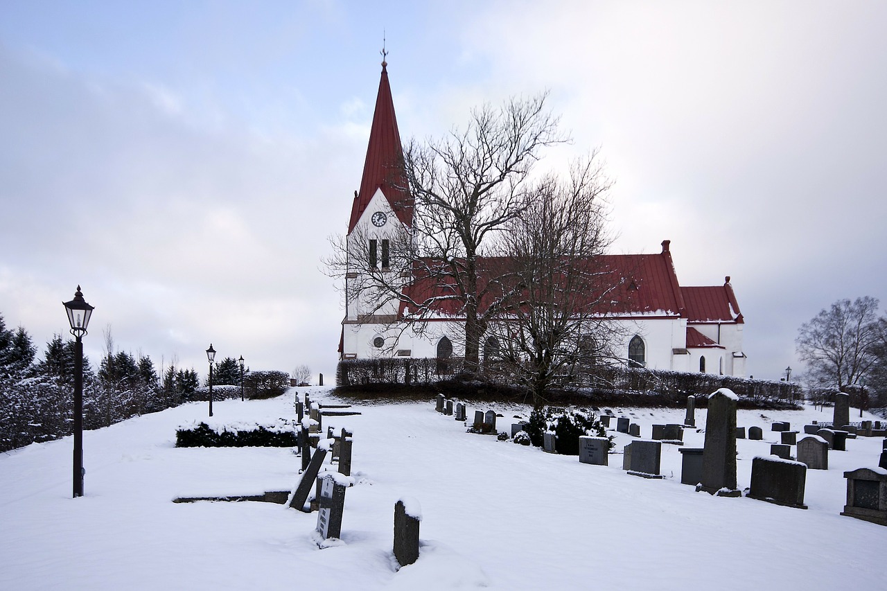 Švedija, Bažnyčia, Architektūra, Spire, Kapinės, Kapai, Kapinės, Žiema, Sniegas, Ledas