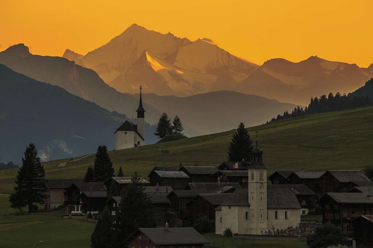 Šveicarija, Schweiz, Sonnenuntergang, Goms, Glaringenas, Europa, Kalnai, Natour, Miestas, Teisė