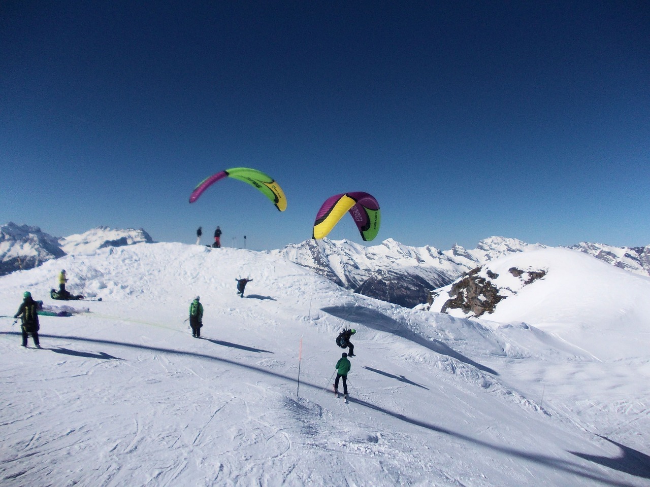 Šveicarija, Verbier, Slidinėjimas, Paragliding, Mėlynas, Alpių, Sniegas, Žiemos Sportas, Laisvė, Nemokamos Nuotraukos
