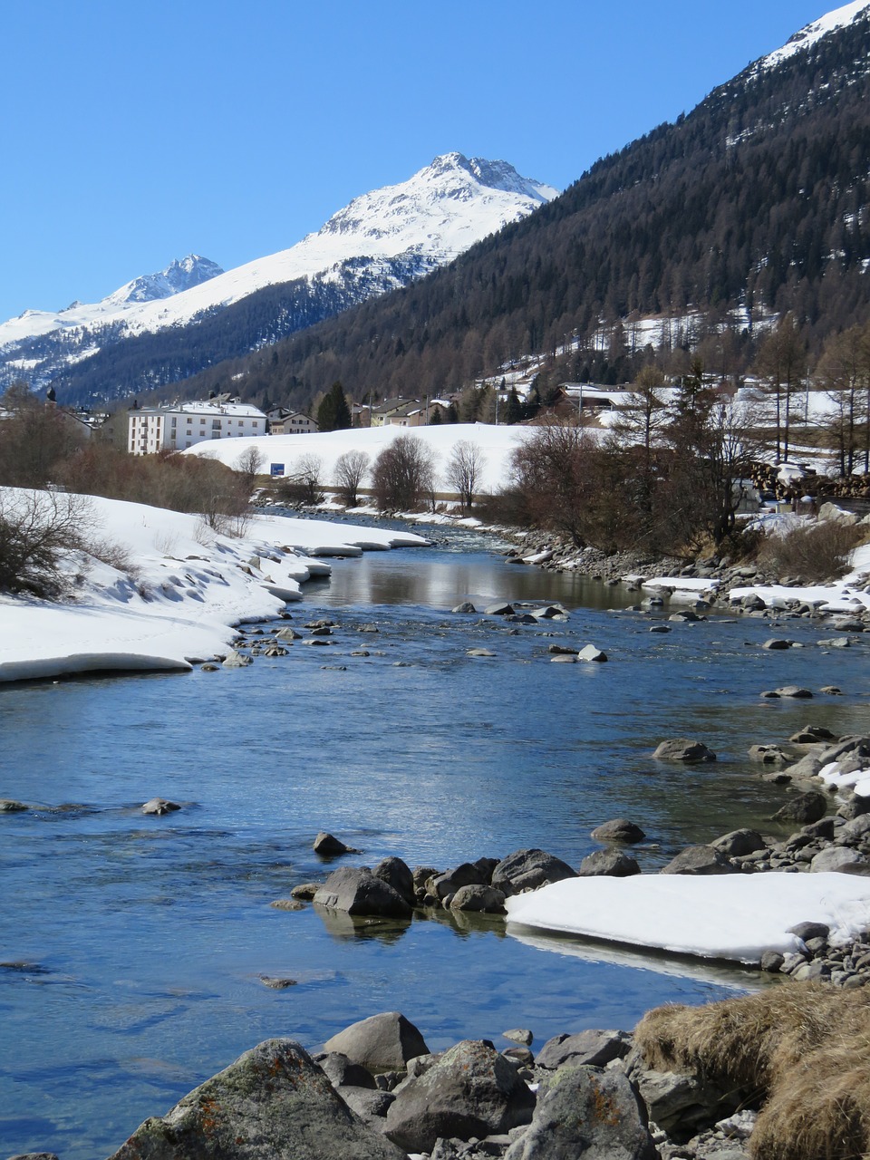 Šveicarija, Engadin, Graubünden, Alpių, Panorama, Kalnai, Bachas, Vanduo, Žiema, Sniegas