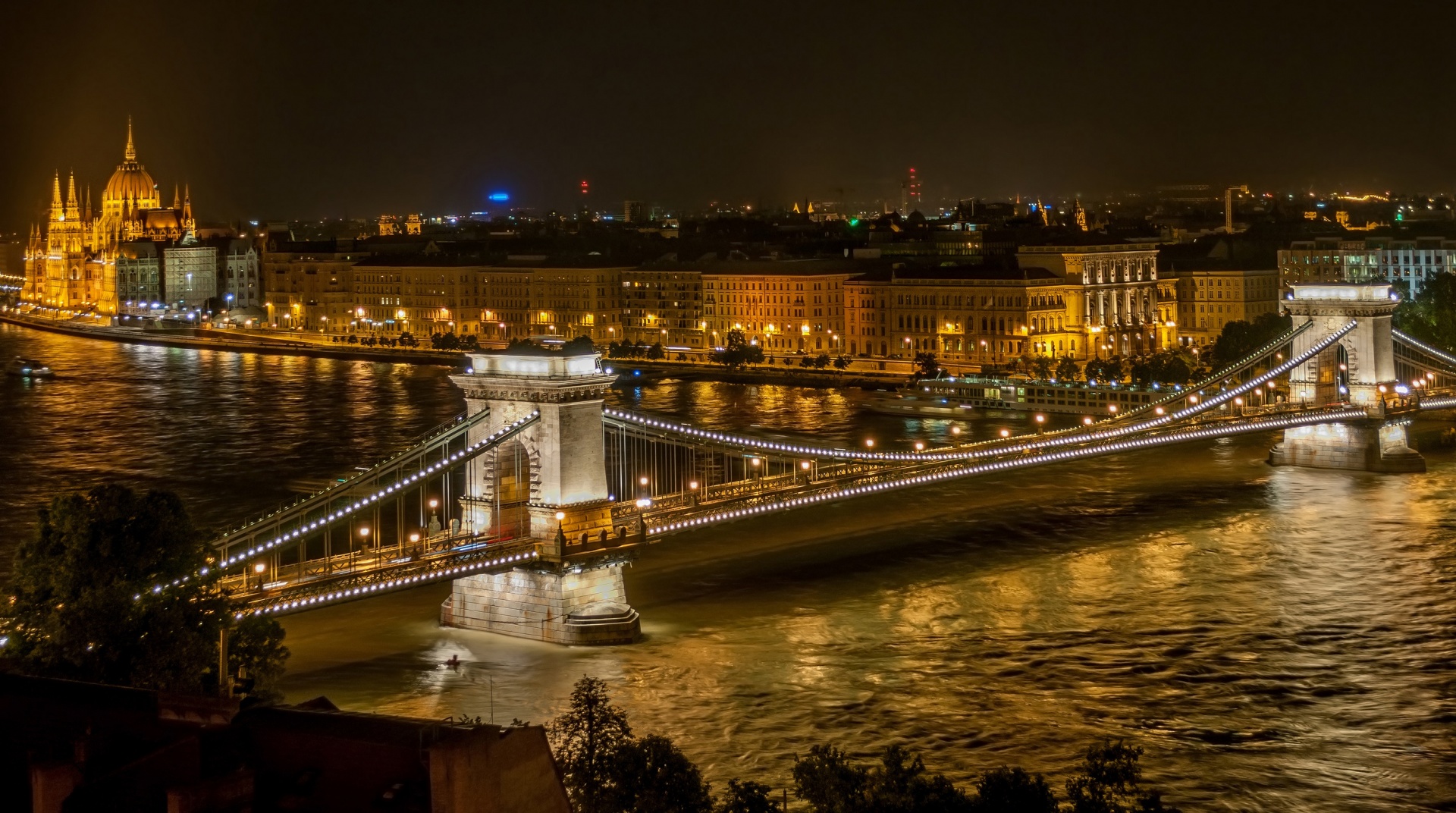 Tiltas,  Naktis,  Upė,  Széchenyi & Nbsp,  Grandinė & Nbsp,  Tiltas,  Budapest,  Vengrija,  Viešasis & Nbsp,  Domenas