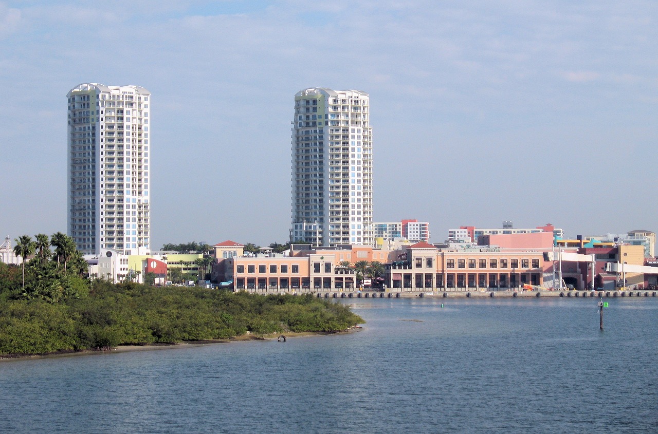 Tampa, Florida, Panorama, Miestas, Atogrąžų, Upė, Įlanka, Vanduo, Augalai, Dangus