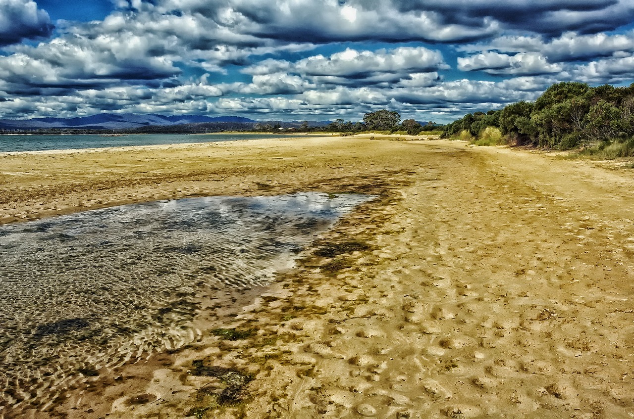 Tasmanija, Papludimys, Smėlis, Jūra, Vandenynas, Vanduo, Hdr, Dangus, Debesys, Vaizdingas