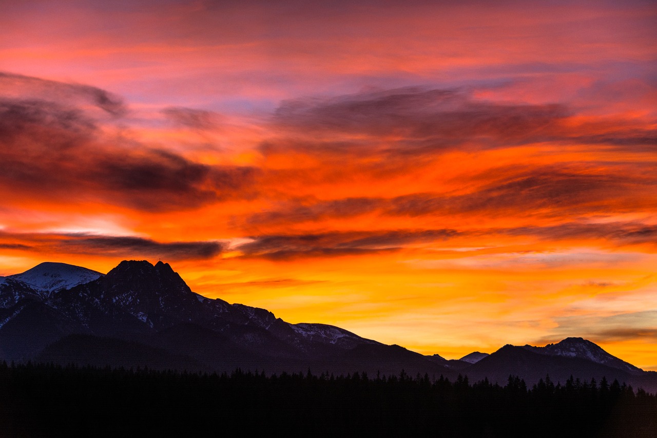 Tatry, Lenkija, Saulėlydis, Giewont, Kalnai, Kraštovaizdis, Gamta, Rokas, Žiema, Vaizdas Iš Viršaus