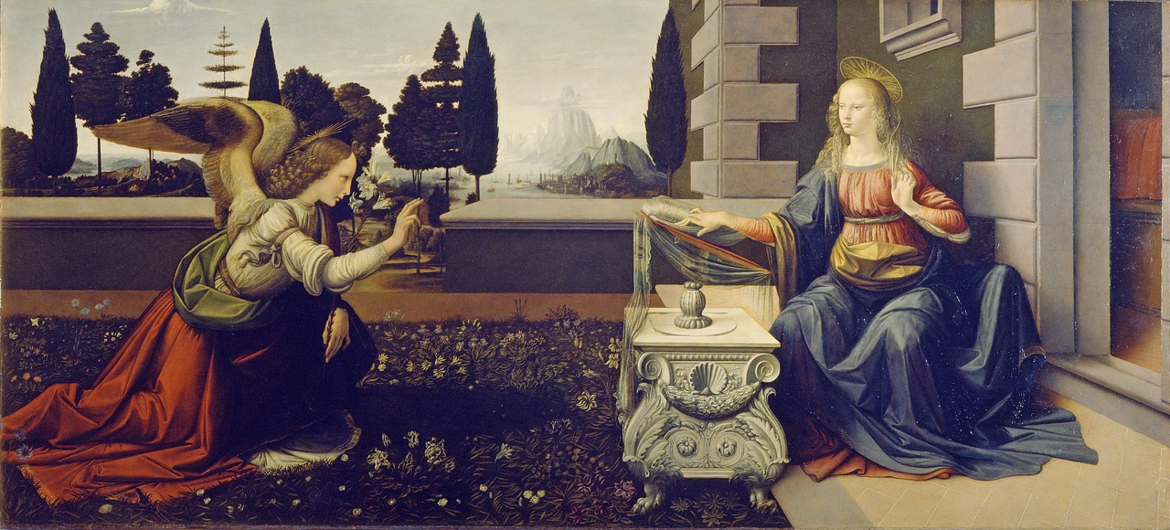 Skelbimas, Leonardas Da Vinčis, Mergelė Marija, Angel Gabriel, 1472-1475, Skelbimas, Meno Projektas, Uffizi Galerija, Florencija, Italy
