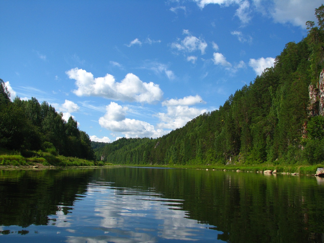 Chusovaya Upė, Perm Krai, Dangus, Rusija, Tyla, Lygus Paviršius, Ramus, Turizmas, Medžiai, Gyvoji Gamta