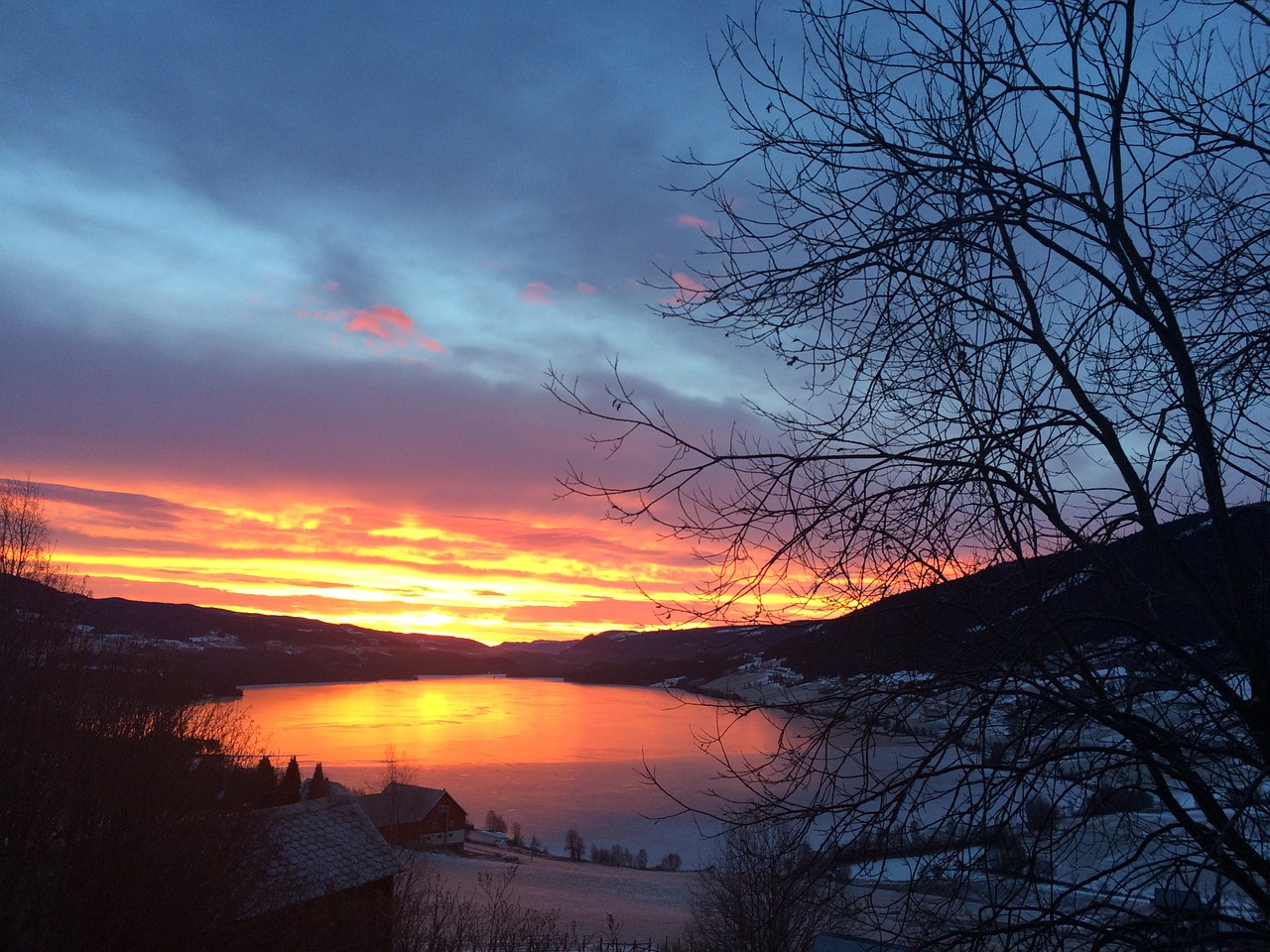 Aušros,  Saulėlydis,  Pobūdis,  Niekas,  Lauke,  Panorama,  Norvegija,  Valdres,  Volbufjordenas,  Fjordas