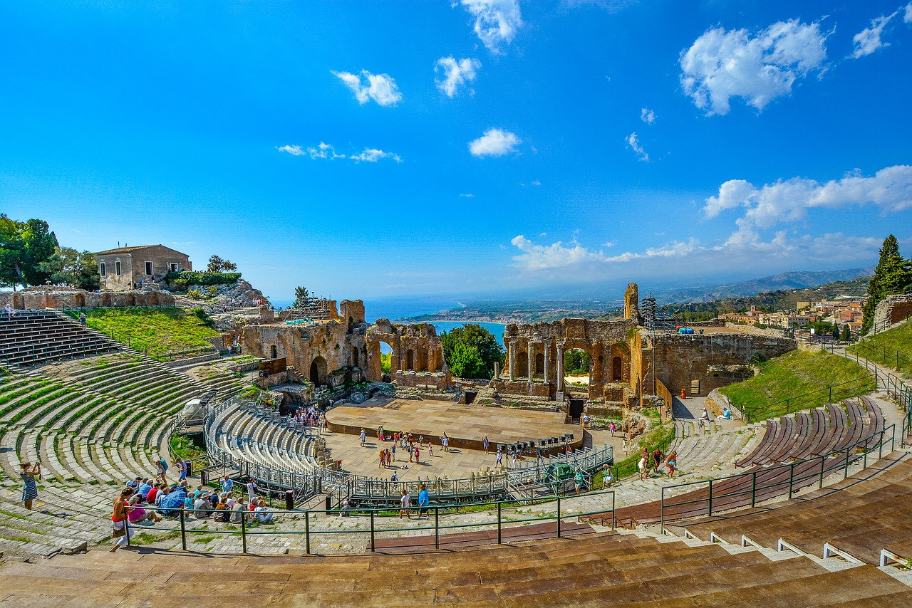 Teatras, Teatras, Graikų Kalba, Italy, Taormina, Sicilija, Griuvėsiai, Senovės, Sėdimosios Vietos, Vaizdas