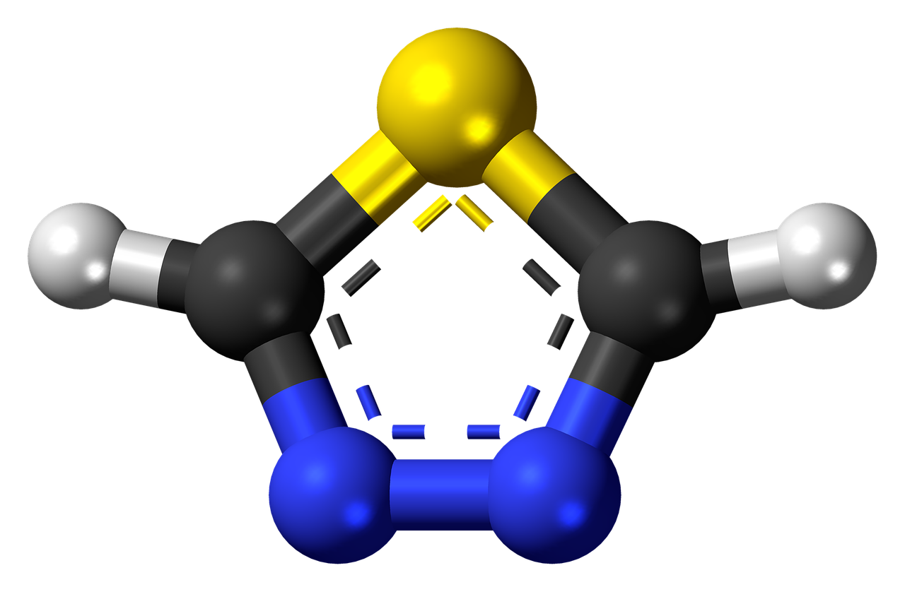 Tiadiazolas, Heterociklas, Aromatiniai, Rutulys, Stick, Modelis, Molekulė, Cheminis, Struktūra, Atomai
