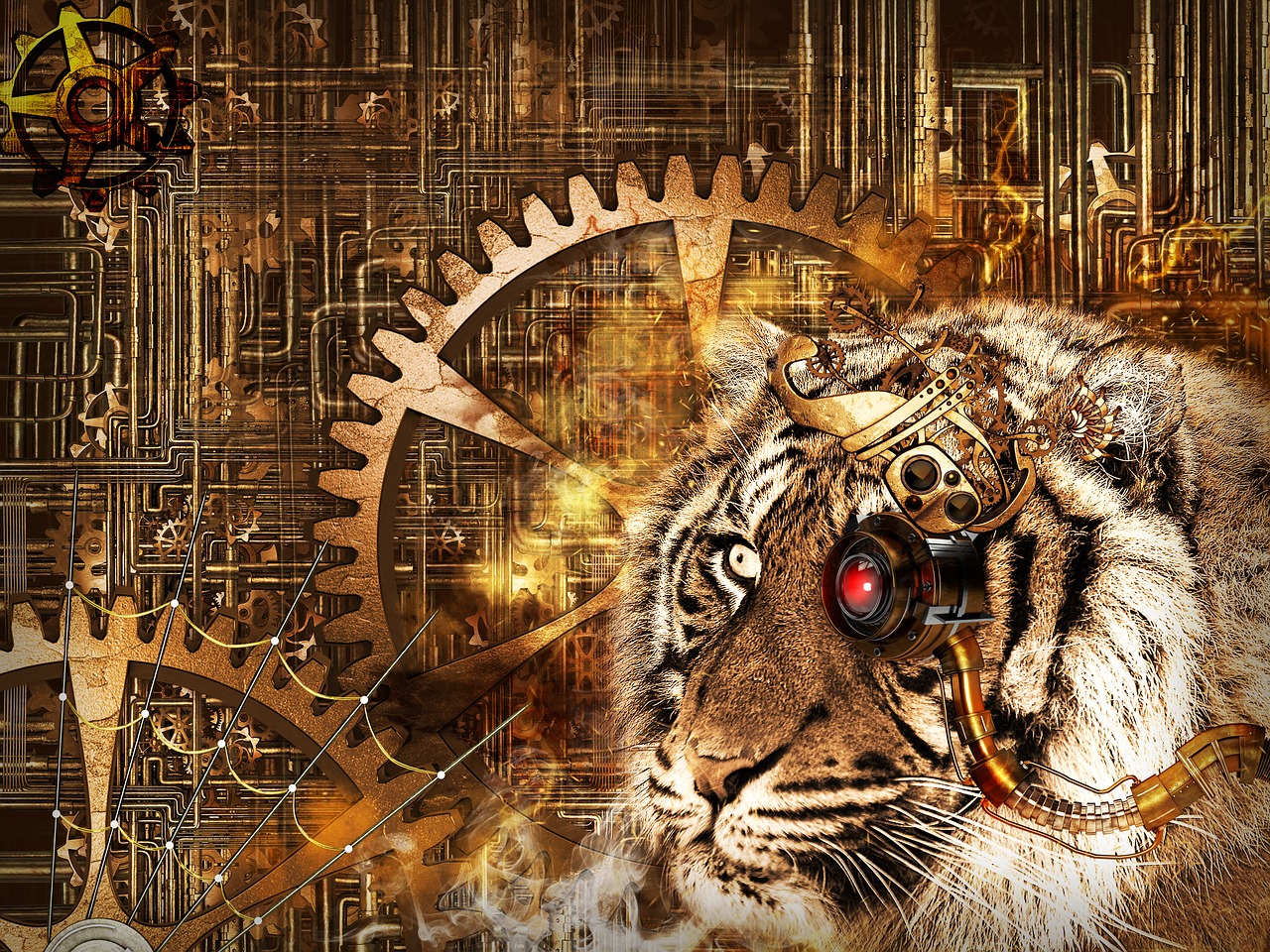 Tigras, Galva, Steampunk, 3D, Gyvūnas, Fonas, Įrankis, Akis, Dizainas, Padengti