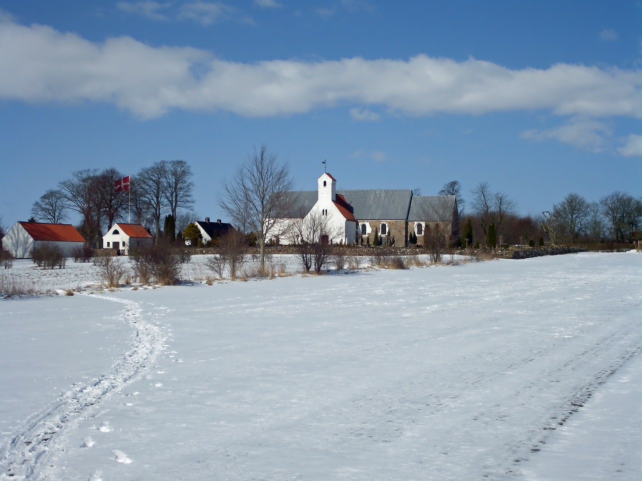 Todbjerg, Denmark, Kraštovaizdis, Sniegas, Žiema, Bažnyčia, Namas, Architektūra, Gamta, Lauke