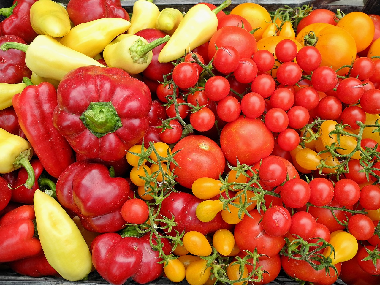 Pomidorai, Pipirai, Daržovės, Raudona, Geltona, Šviežias, Maistas, Sveikas, Ekologiškos Daržovės, Nemokamos Nuotraukos