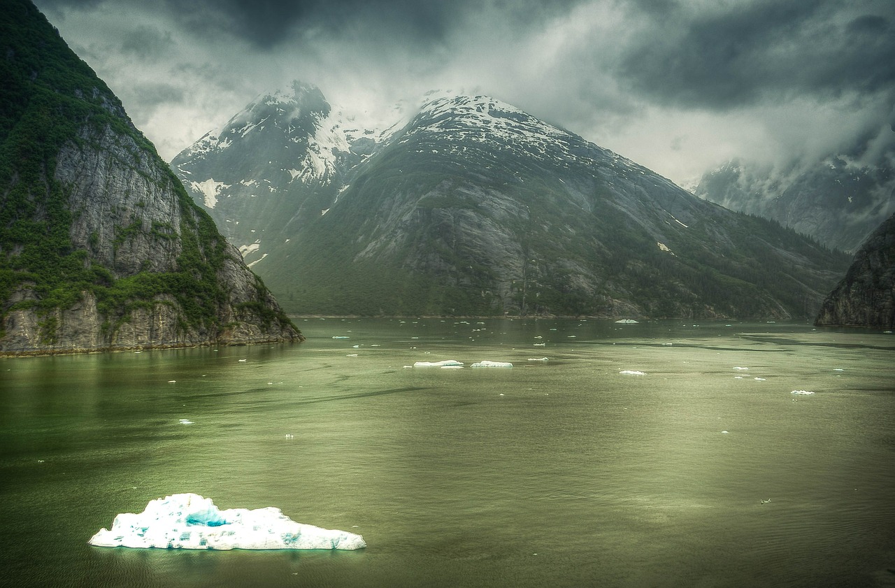 Tracy, Ranka, Fjordai, Alaska, Ledas, Ledynas, Debesys, Vanduo, Vandenynas, Kraštovaizdis