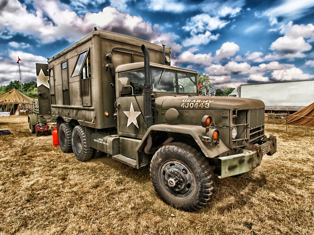 Sunkvežimis, Armija, Transporto Priemonė, Gabenimas, Hdr, Dangus, Debesys, Oldster, Klasikinis, Vintage