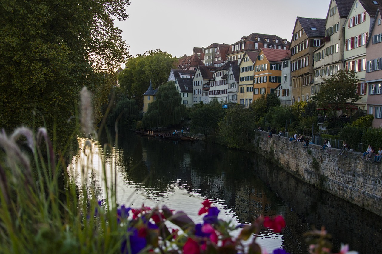 Tübingen, Neckar, Upė, Istoriškai, Pietų Vokietijos, Universitetinis Miestas, Baden Württemberg, Spalvinga, Veidrodis, Bankas