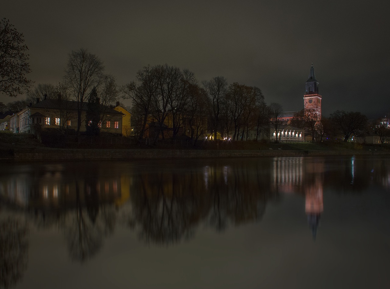 Turkų, Katedra, Bažnyčia, Upė, Aura Upė, Naktis, Ruduo, Tamsi, Atspindys, Miestas