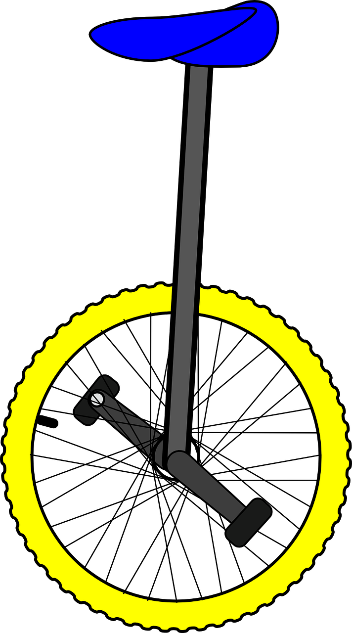 Unicycle, Dviratis, Ratas, Sportas, Linksma, Mėlynas, Balnas, Geltona, Metalas, Nemokama Vektorinė Grafika