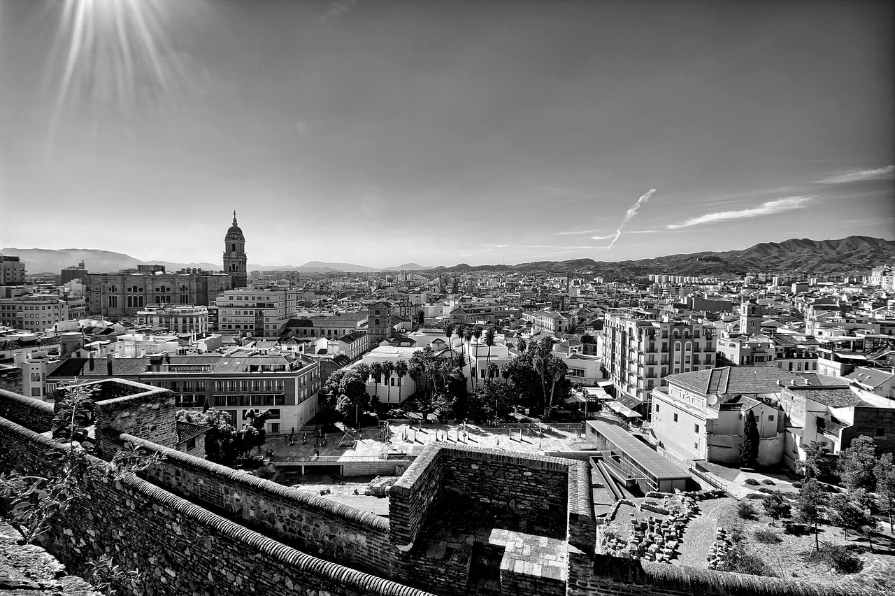 Miesto Kraštovaizdis, Malaga, Alcazaba, Katedra, Juoda Ir Balta, Hdr, Nemokamos Nuotraukos,  Nemokama Licenzija