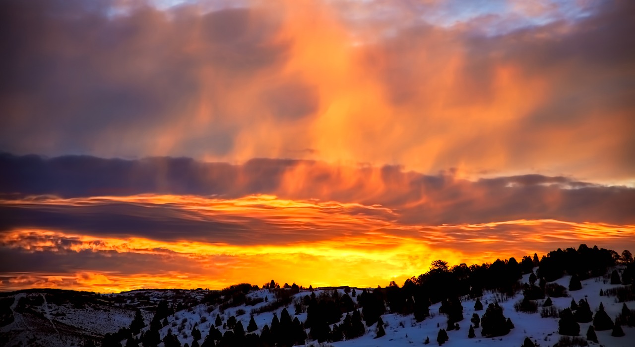 Utah, Kalnai, Žiema, Sniegas, Saulėlydis, Dusk, Dangus, Debesys, Panorama, Miškas