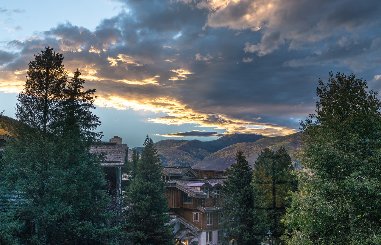 Vail Colorado, Saulėlydis, Debesys, Kritimas, Dusk, Kalnai, Lapija, Architektūra, Gamta, Vakaras