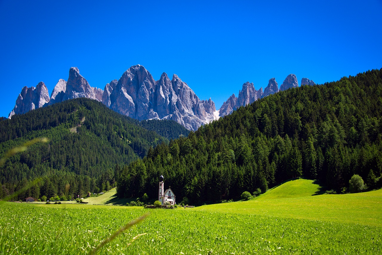 Val Di Funes, Bažnyčia, Italy, Gamta, Kalnai, Dolomitai, Vasara, Dangus, Kraštovaizdis, Šventė