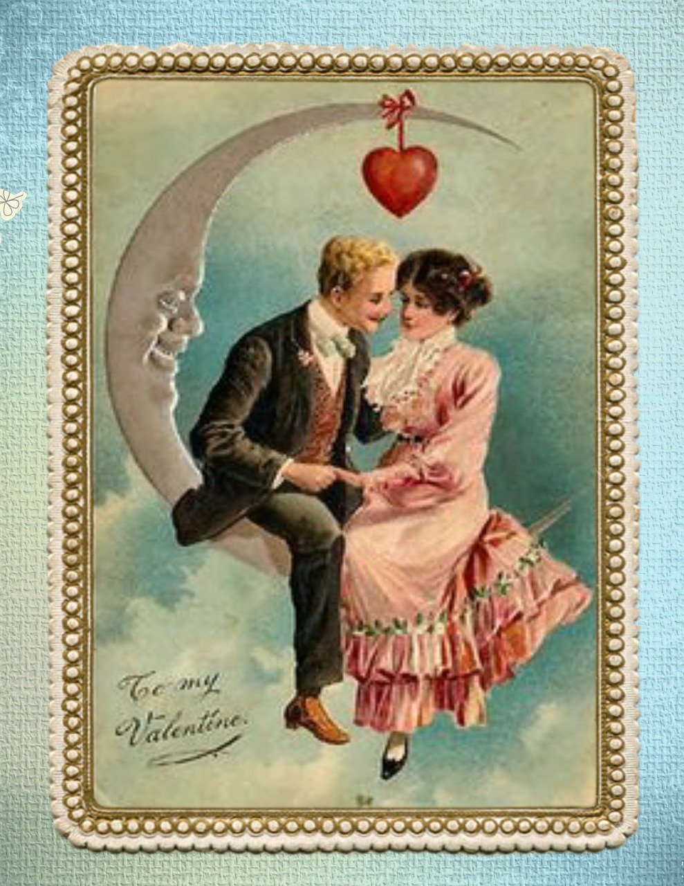 Valentine, Valentino Diena, Pora, Mėnulis, Kortelė, Ornate, Vintage, Rėmas, Auksas, Apdaila