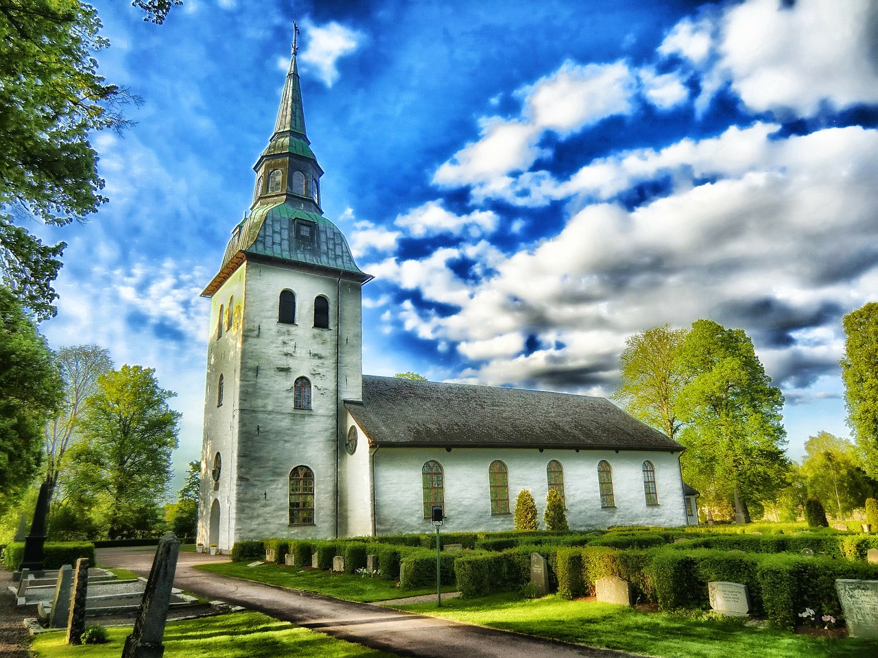 Varmland, Švedija, Bažnyčia, Architektūra, Kapinės, Hdr, Dangus, Debesys, Medžiai, Gamta