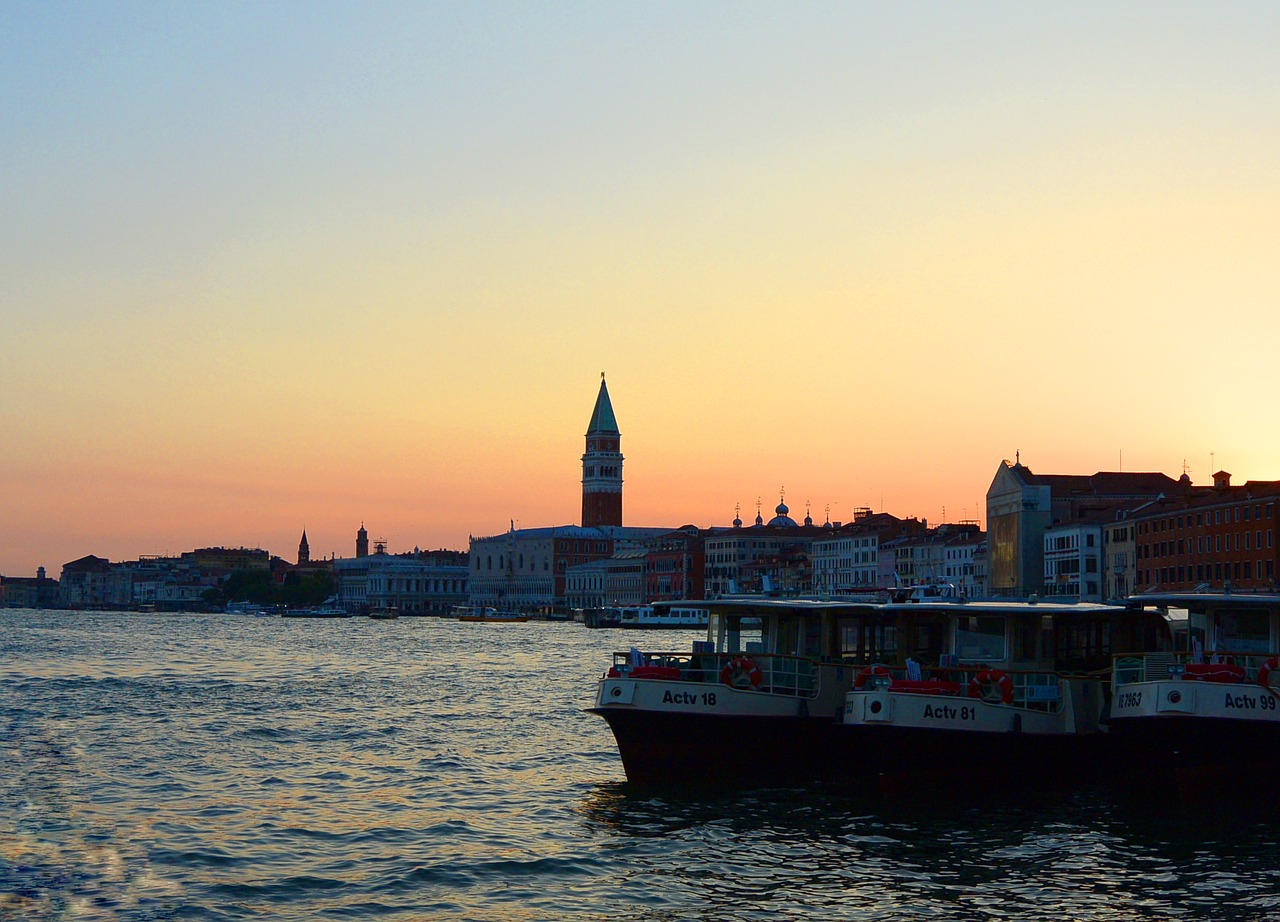 Venecija, Saulėlydis, Abendstimmung, Šventė, Laivai, St Ženklo Bazilika, Vanduo, Valtys, Italy, Atostogos