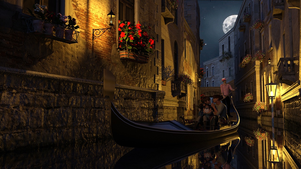 Venecija, Gondola, Vidurnaktis, Įsimylėjes, Gondoliers, Tiltas, Calle, Vanduo, Žvilgsnis, Italy