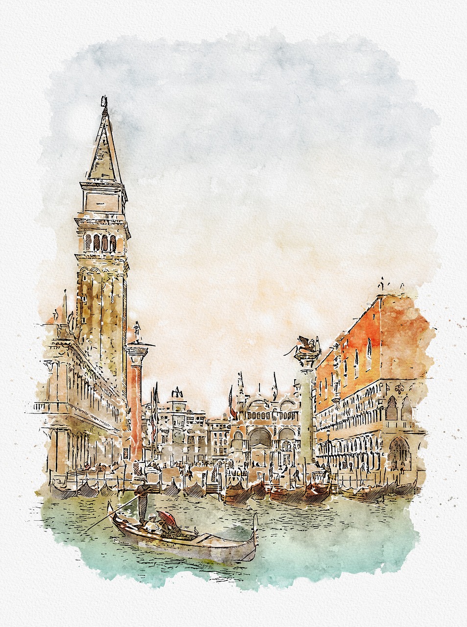 Venecija,  St Mark Aikštė,  Quarell,  Italija,  Dožų Rūmai,  Istoriškai,  Venecija,  Gondola,  San Marco,  Nemokama Iliustracijos