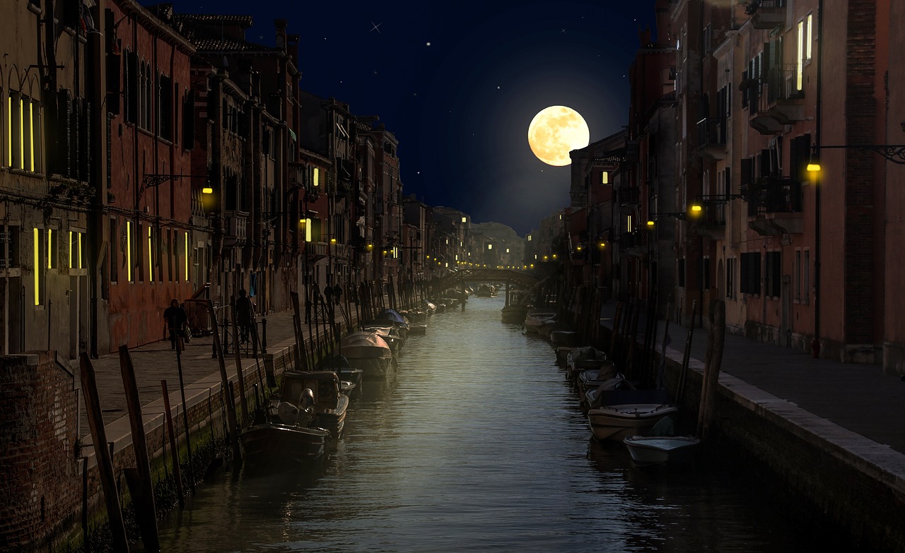 Venecija, Naktis, Kanalas, Šventė, Romantiškas, Šviesa, Mėnulis, Vaizdo Perdanga, Atmosfera, Pilnatis