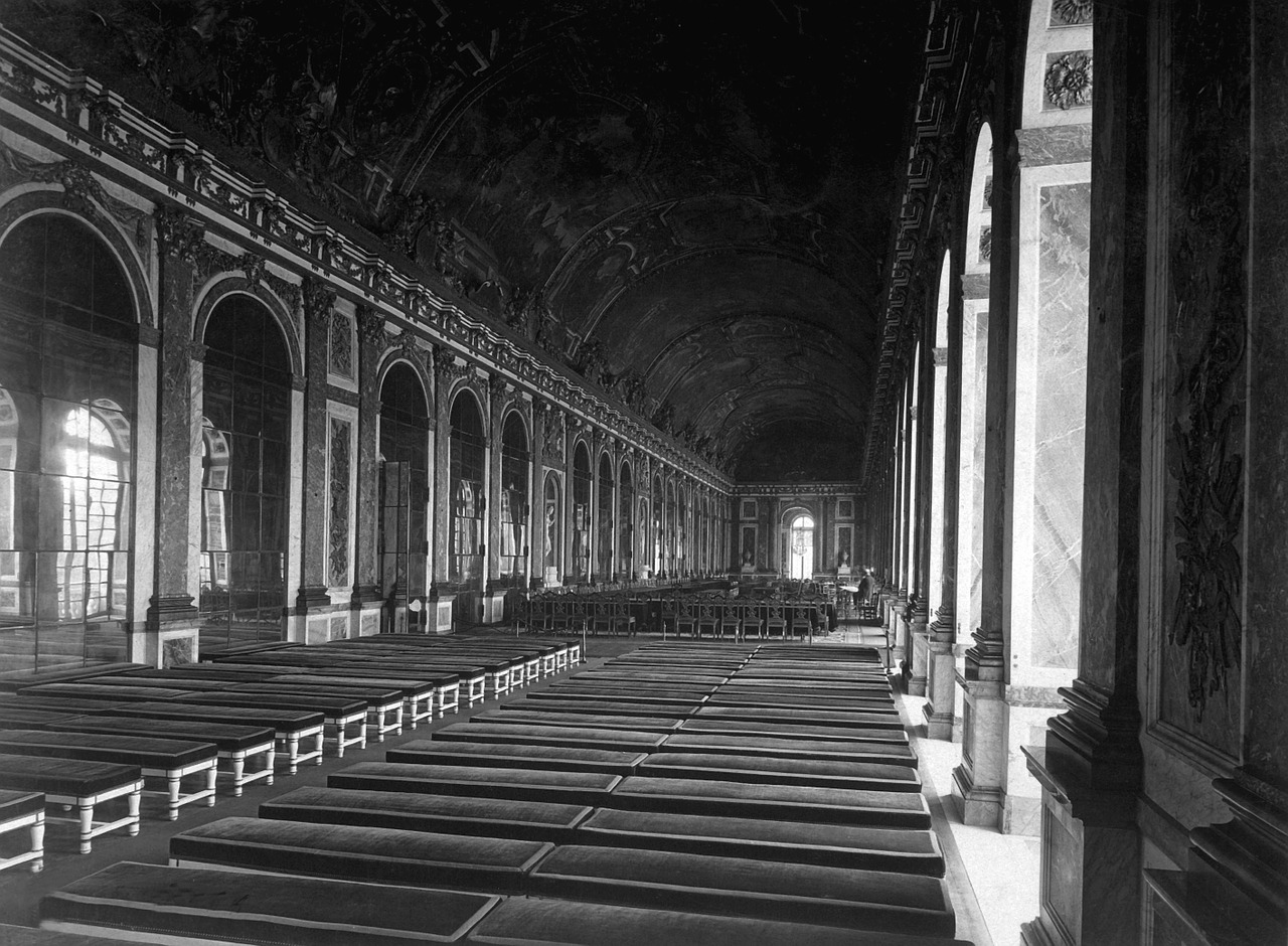Versailles, France, 1918, Sutartis, Pirmasis Pasaulinis Karas, Išdėstymas, Stalai, Kėdės, Juoda Ir Balta, Istorija