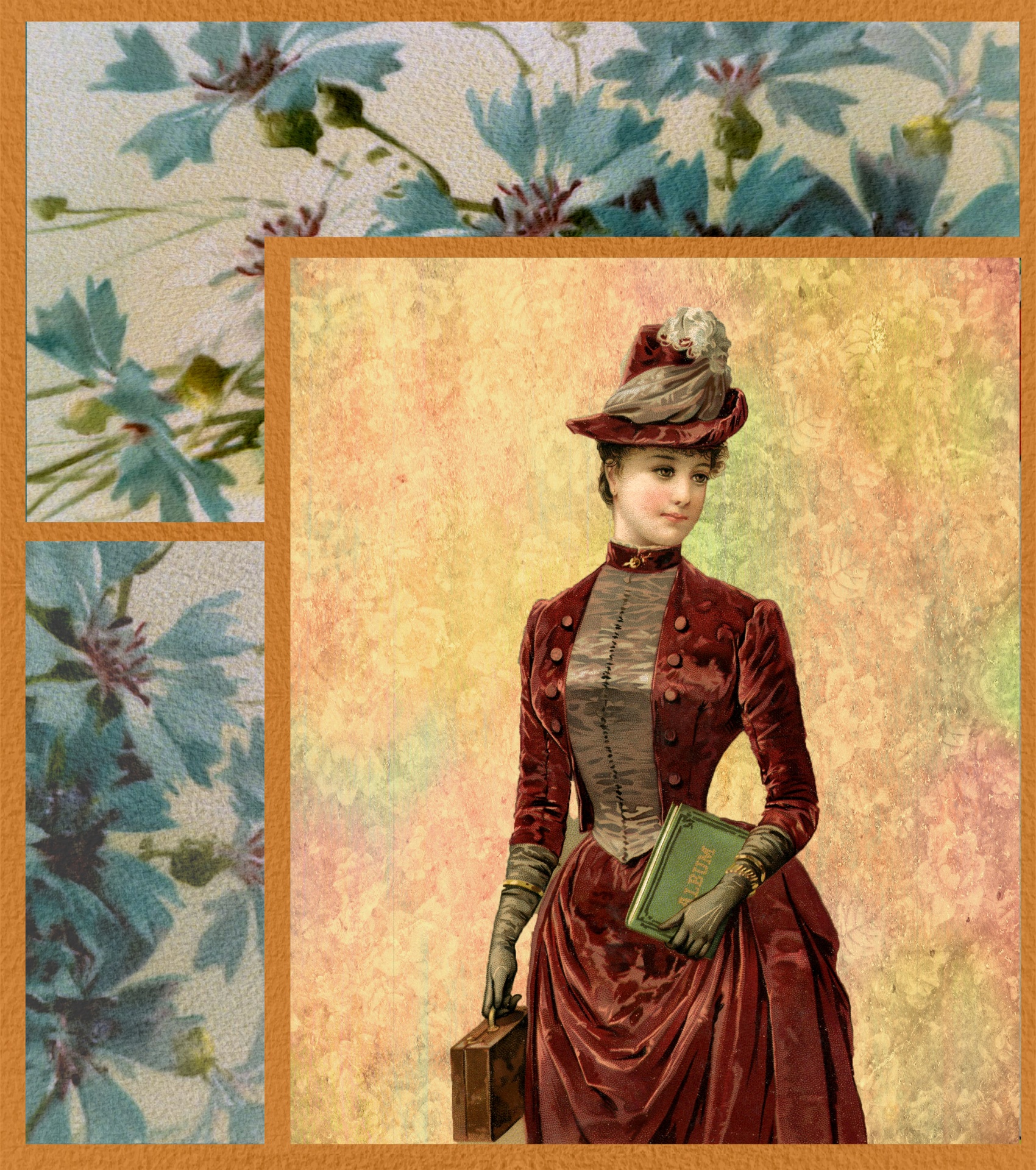 Lady,  Moteris,  Victorian,  Vintage,  Iliustracija,  Bagažas,  Nuotrauka & Nbsp,  Albumas,  Gėlės,  Fonas