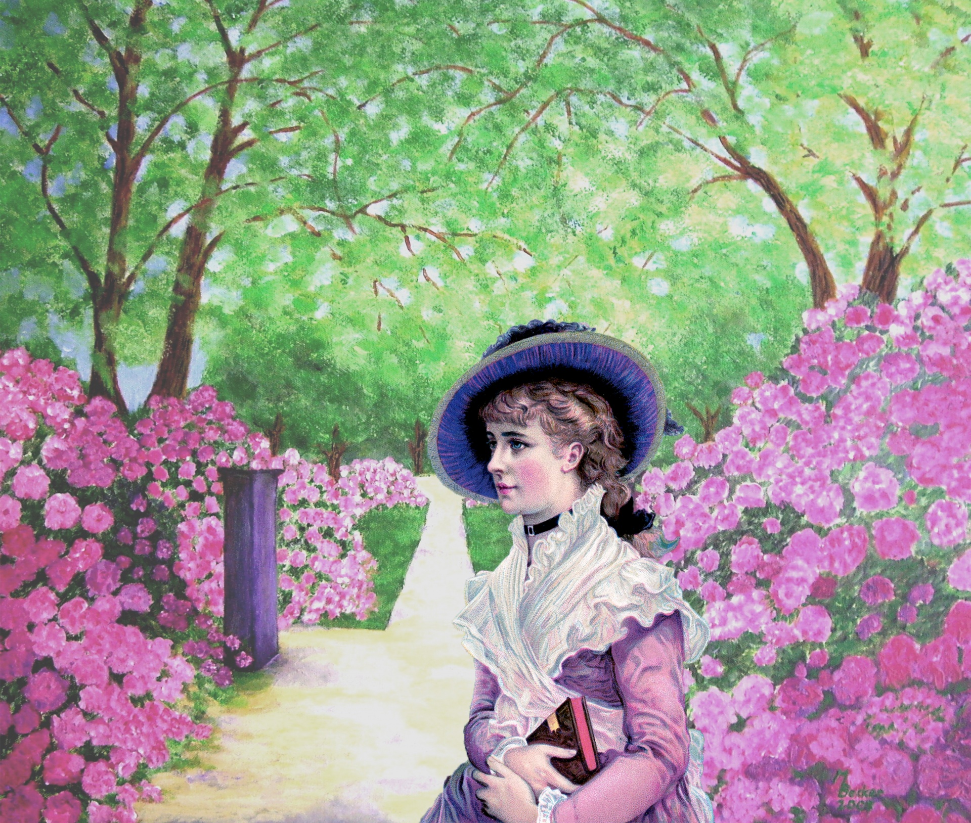 Moteris,  Lady,  Vintage,  Victorian,  Gėlė,  Gėlės,  Sodas,  Rododendras,  Rododendrai,  Violetinė