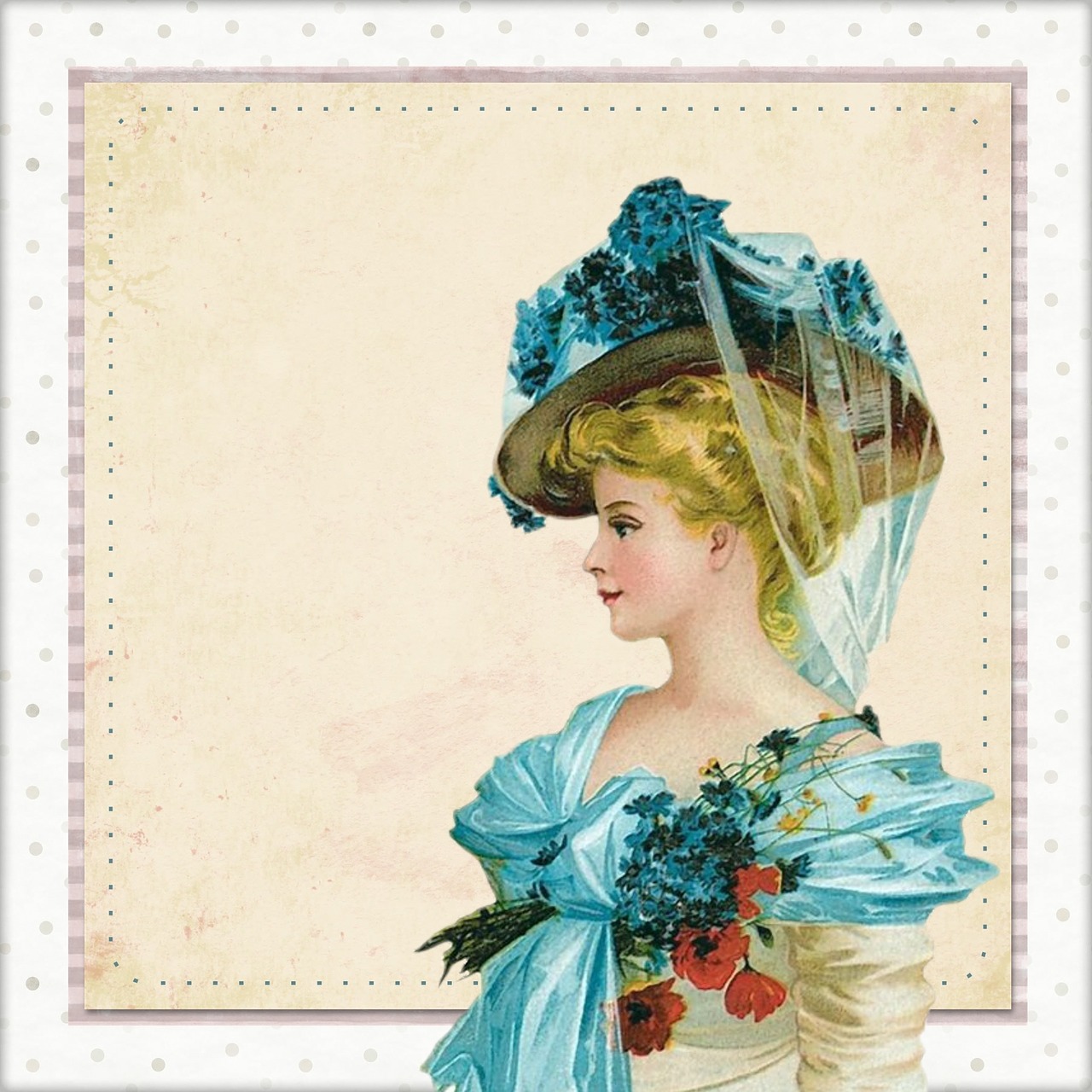 Vintage, Victorian, Fonas, Mėlynas, Moteris, Lady, Gėlė, Skrybėlę, Ornate, Kortelė