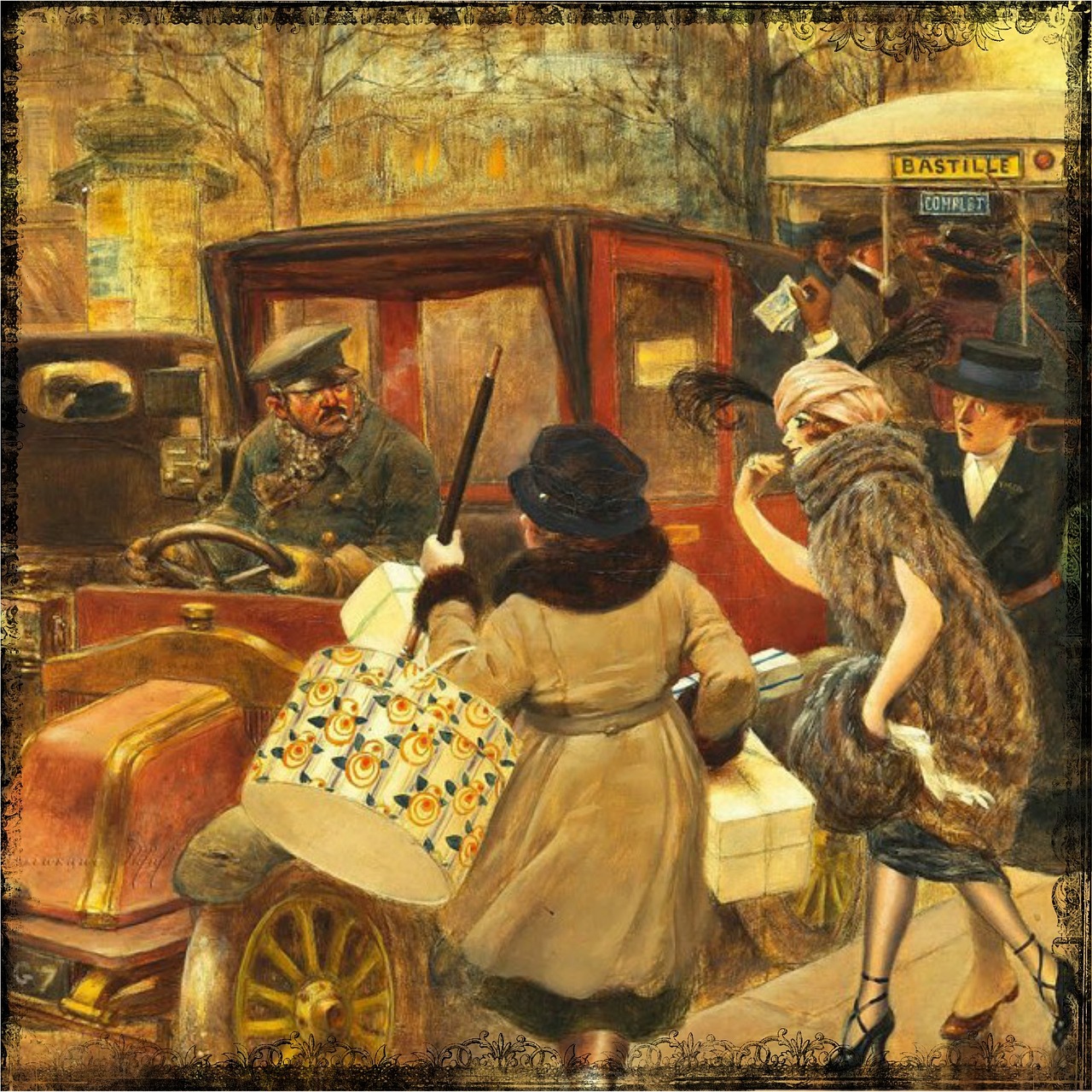 Vintage, Moteris, Automobilis, Apsipirkimas, 1920 M ., Romantiškas, Gėlių, Gėlės, Senovinis Skaitmeninis Menas, Skaitmeninis Menas