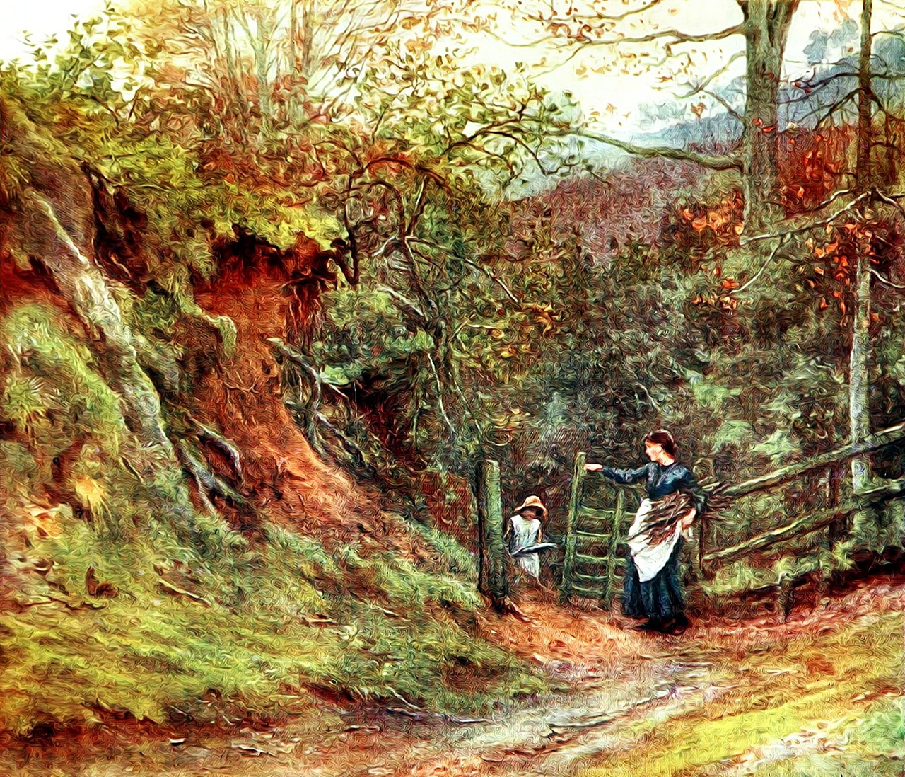 Vintage, Senamadiškas, Victorian, Senovinis, Akvarelė, Akvarelė, Dažymas, Helen Allingham, Kraštovaizdis, Scena