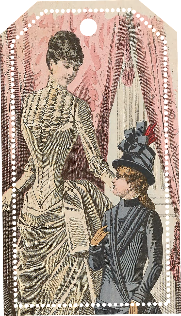 Vintage, Mada, Suknelė, Žyma, Iškirpti, Izoliuotas, 1800 M ., Skrybėlės, Moteris, Vaikas