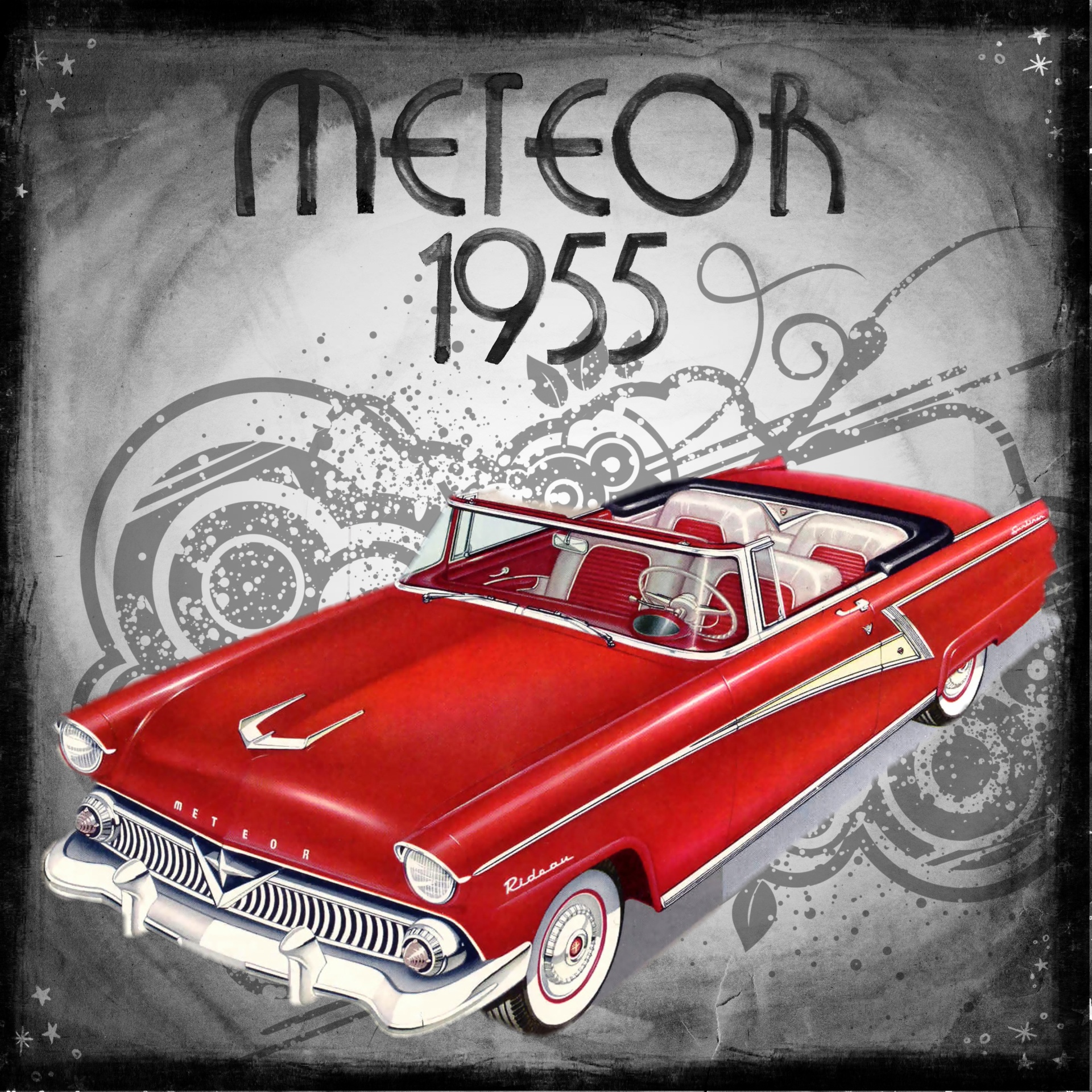 Vintage,  Automobilis,  Raudona,  Menas,  Koliažas,  1955,  Meteoras,  Senas,  Automobilis,  Kabrioletas