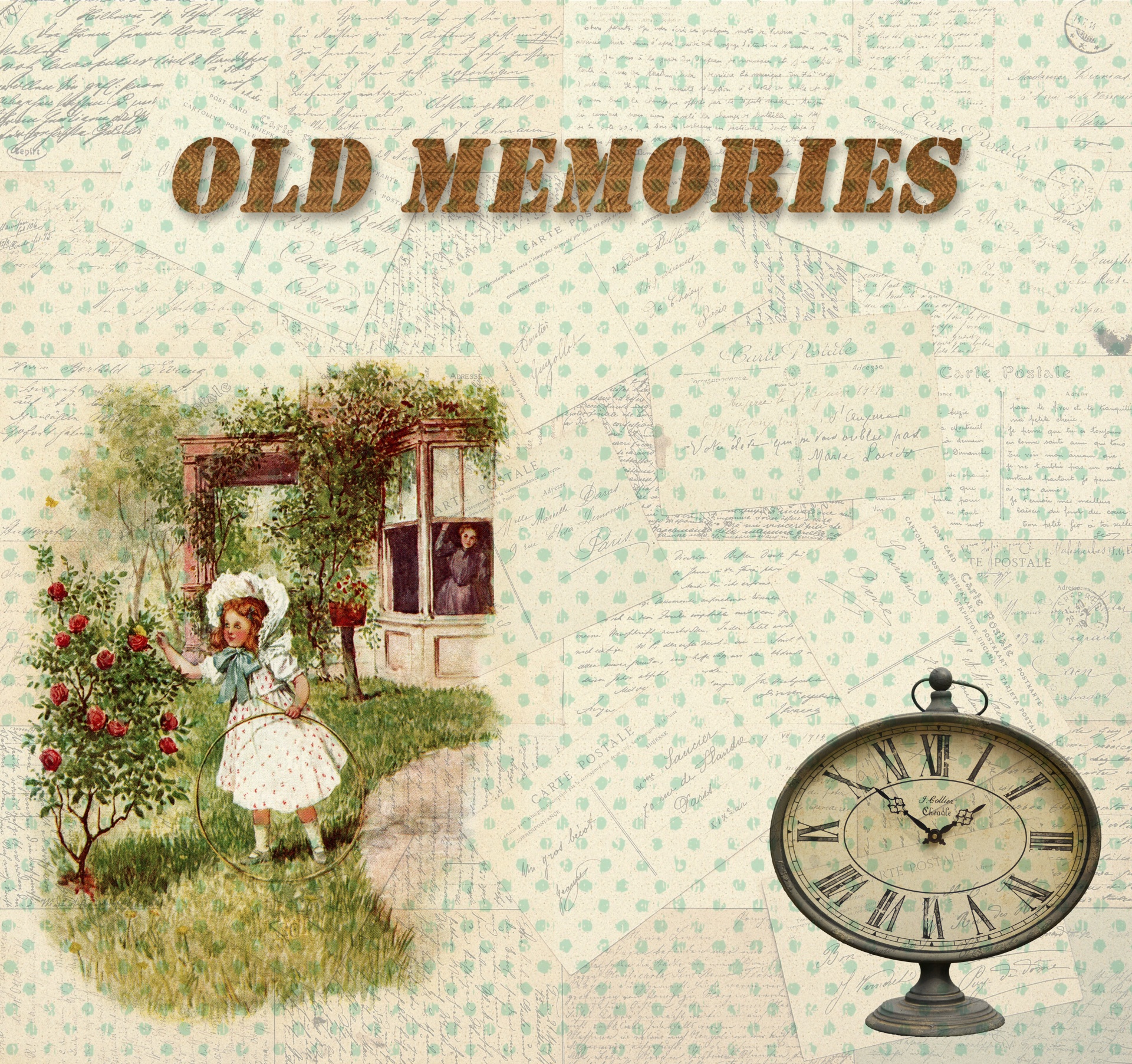 Vintage,  Fonas,  Atvirukai,  Senas,  Atsiminimai,  Laikrodis,  Laikrodis,  Laiko & Nbsp,  Gabalas,  Mergaitė