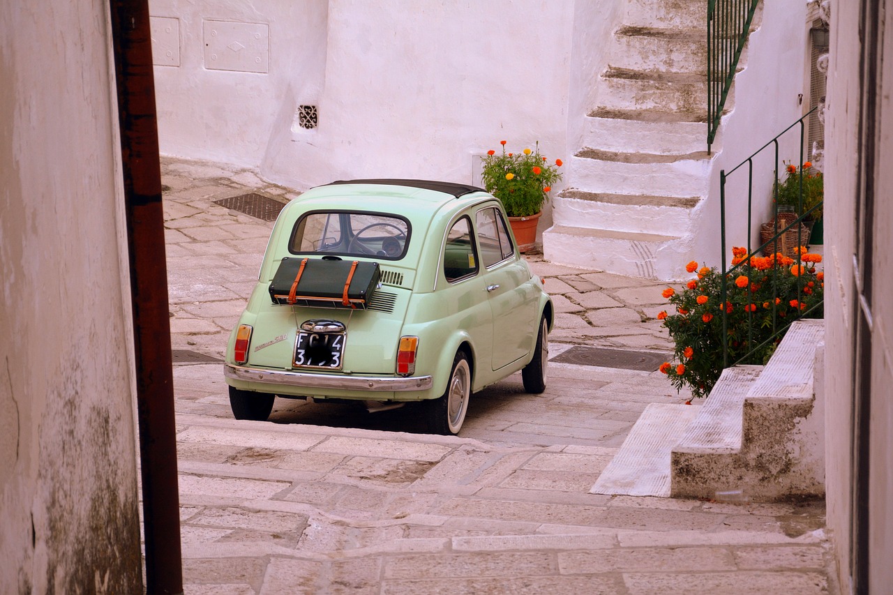 Vintage Automobilis,  Gėlės,  500,  Fiat,  Alėja,  Laiptai,  Monte Santangelo,  Gargano,  Apulija, Nemokamos Nuotraukos