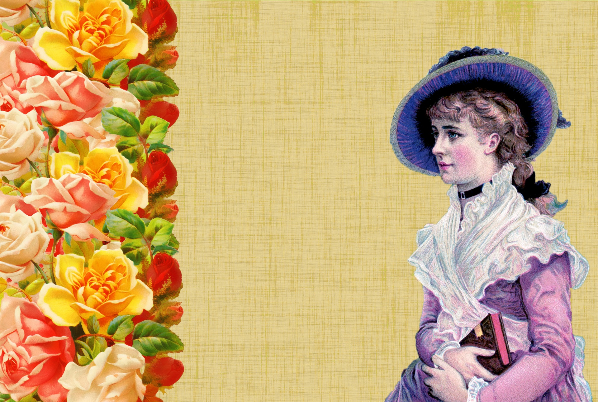 Lady,  Moteris,  Vintage,  Retro,  Rožės,  Raudona,  Geltona,  Sienos,  Fonas,  Victorian