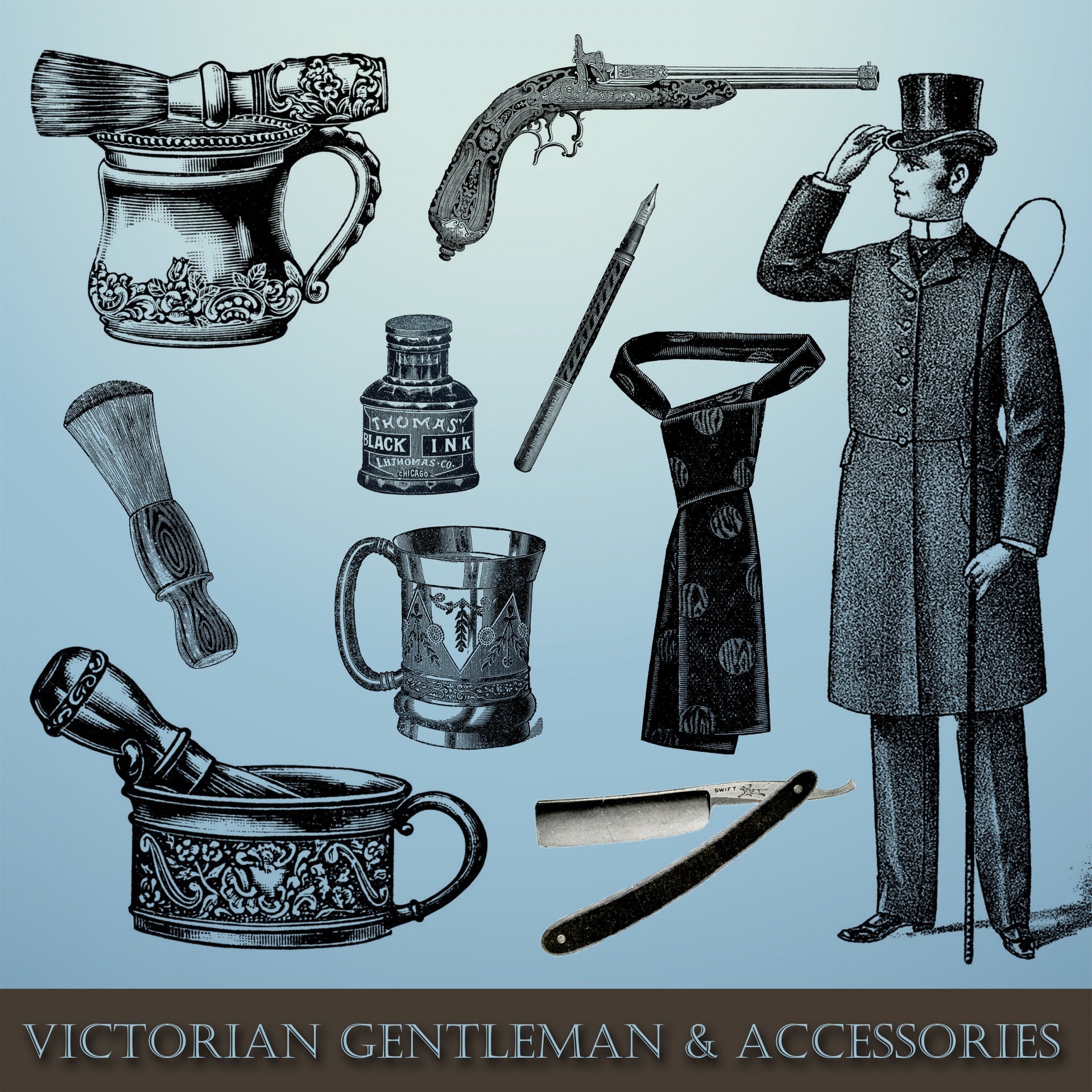 Vyras,  Džentelmenas,  Victorian,  Vintage,  Aksesuarai,  Iliustracija,  Skutimosi & Nbsp,  Teptuku,  Skustuvas,  Cut & Nbsp